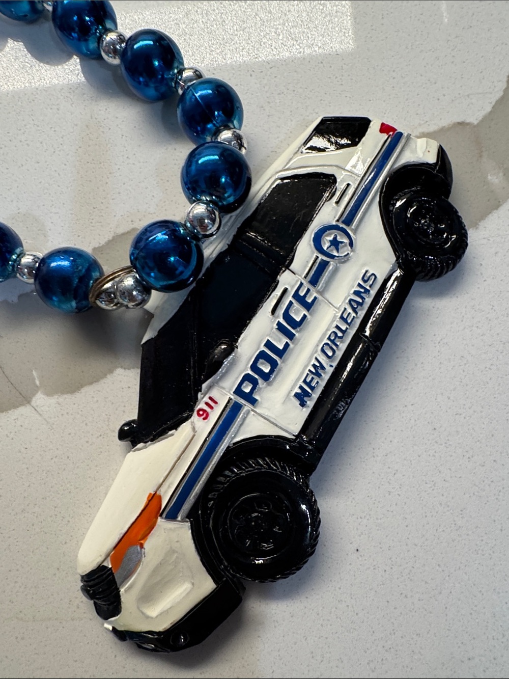 New Orleans Police Bead Necklace with Patrol SUV Pendant - Teal Blue - Picture 3 of 3